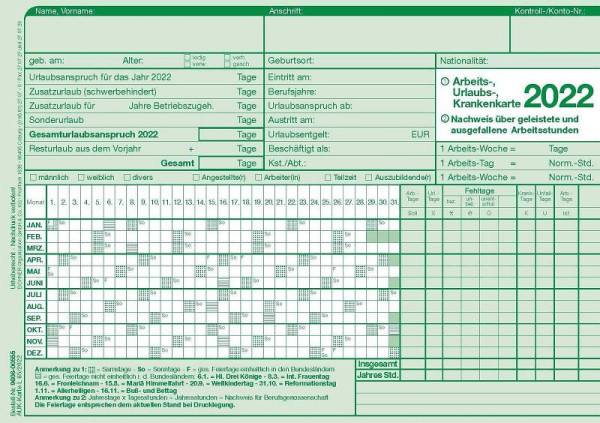 Eichner ARBEITS-URLAUBS-KARTE L85/B A5für 2001, VE: 100 Stück, 9606-00556
