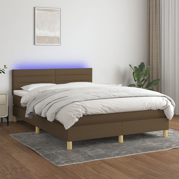 vidaXL Boxspringbett mit Matratze & LED Dunkelbraun 140x200 cm Stoff, 3133800