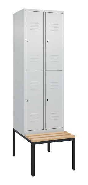 C+P Doppelstöckiger Spind Classic PLUS, 2 Abteile, 2120x600x815mm, 7035/7035, Zylinderschlösser, Buche-Sitzleisten, Sitzbank, 0803507-20 S10099