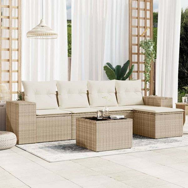 vidaXL 6-teilig Garten-Sofagarnitur mit Kissen Beige Poly Rattan, 3222497