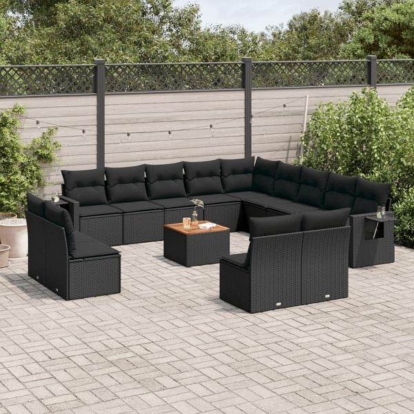 vidaXL 14-teilig Garten-Sofagarnitur mit Kissen Schwarz Poly Rattan, 3257147