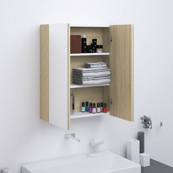 vidaXL Bad-Spiegelschrank 60x15x75 cm MDF Weiß und Eiche-Optik, 331530