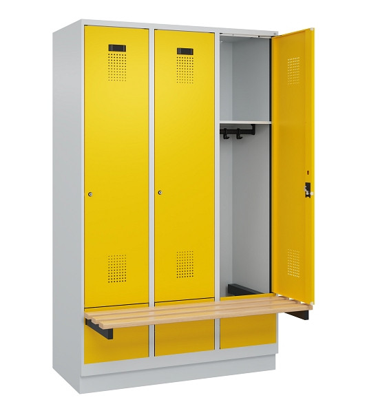 C+P Spind Evolo PLUS, 3 Abteile, 1950x1200x815mm, 7035/1023, Zylinderschloss, Sitzfläche Holz, mit Sockel, 049040-32 S10028