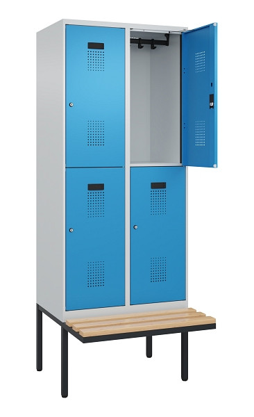 C+P Doppelstock-Spind Evolo PLUS, Bank, 4 Fächer, 2120x800x815mm, 7035/5012, Zylinderschloss, Sitzfläche Buche-Hartholz, 0493407-22 S10034