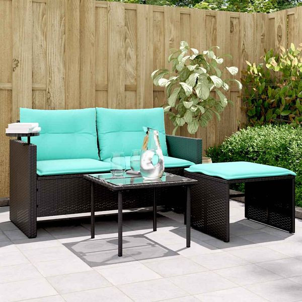 vidaXL 3-teiliges Gartensofa-Set mit Kissen, schwarzes Polyrattan, 365466