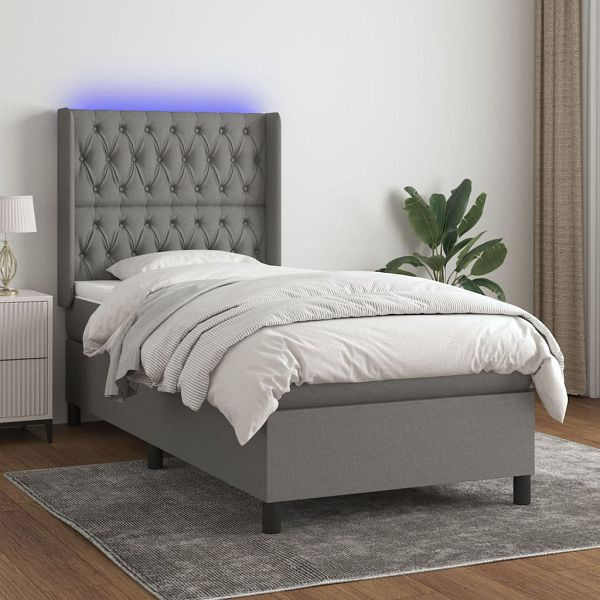 vidaXL Boxspringbett mit Matratze & LED Dunkelgrau 100x200 cm Stoff, 3138534