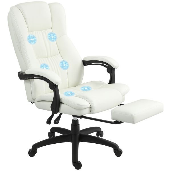 Vinsetto Verstellbarer Drehstuhl mit Fußstütze, Kopfstütze, Massagefunktion, Kunstleder, 68,5x68,5x113-121cm, Cremeweiß, 921-539V90CW