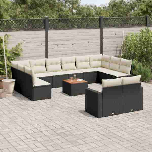 vidaXL 13-tlg. Garten-Sofagarnitur mit Kissen Schwarz Poly Rattan, UV-beständig, 3256686