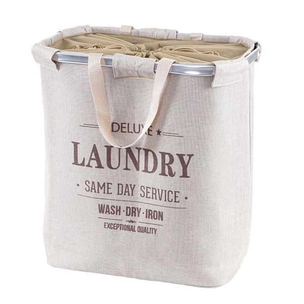 Mendler Wäschesammler HWC-C34, Laundry Wäschekorb Wäschebehälter mit Kordelzug, 2 Fächer Henkel 54x52x32cm 89l, beige, 67805