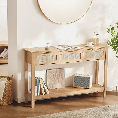 VEVOR Rattan-Konsolentisch Flurtisch Dekotisch 3 Schubladen Schiebetürn Natur, TBXGZ3CMSYGB1CXTKV0