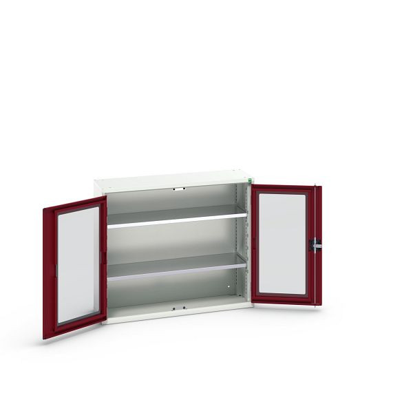 bott verso Flügeltürschrank mit Sichtfenster, mit 2 Fachböden, BxTxH: 1050 x 350 x 900 mm, Lichtgrau / Purpurrot, 16926271.24