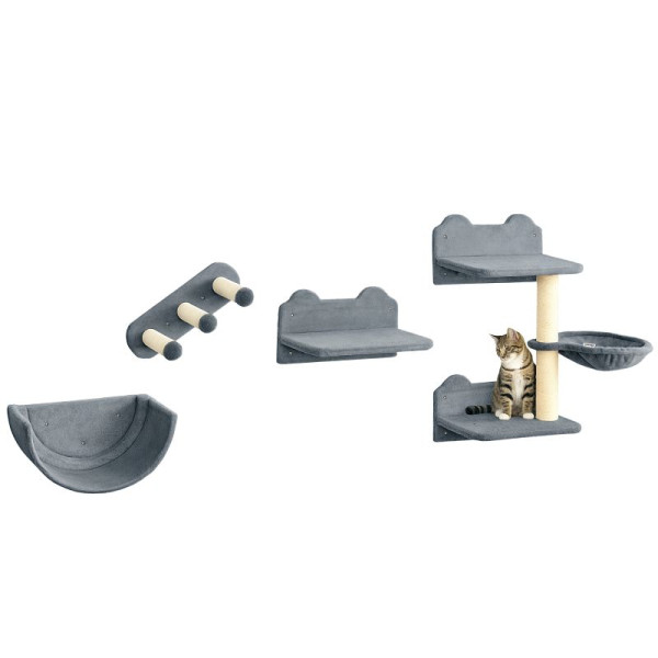 PawHut Kletterwand-Set für Katzen, Hängematte, Kratzbrett, Sprungplattformen, Plüsch, Sisal, Grau, D30-555V00GY
