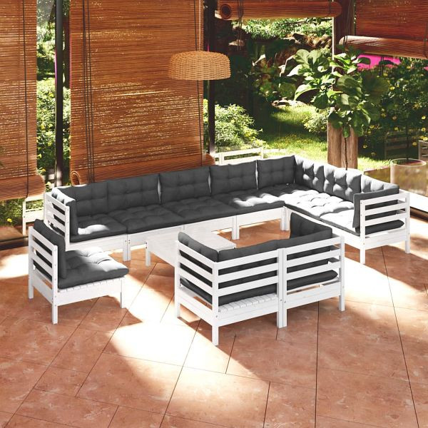 vidaXL 11-teilig Garten-Lounge-Set mit Kissen Weiß Kiefer Massivholz, 3096786