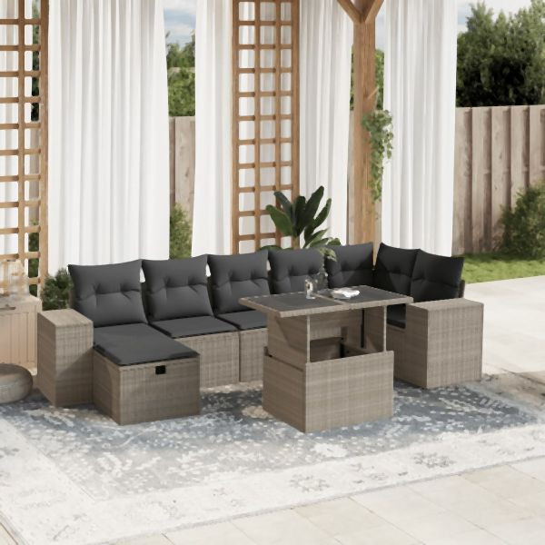 vidaXL 8-tlg. Garten-Sofagarnitur mit Kissen Hellgrau Poly Rattan, 3275312