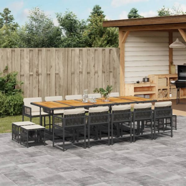 vidaXL 15-tlg. Garten-Essgruppe mit Kissen Schwarz Poly Rattan, 3211539