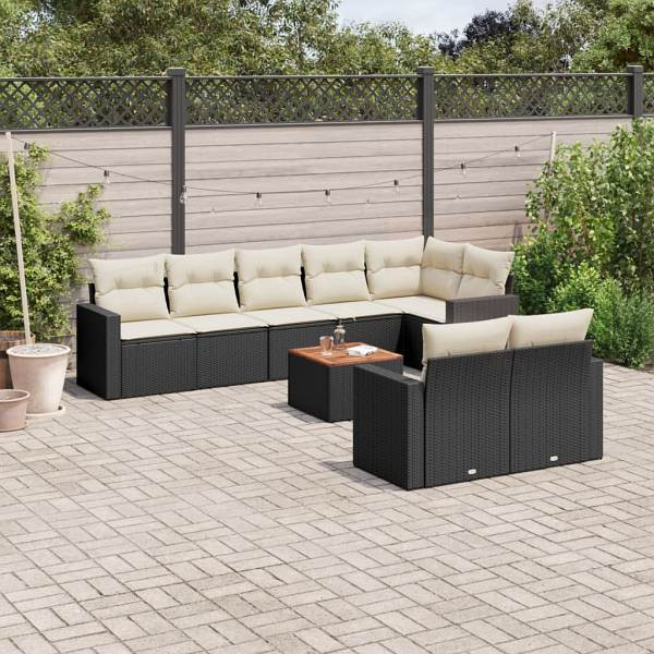vidaXL 9-tlg. Garten-Sofagarnitur mit Kissen Schwarz Poly Rattan, UV-beständig, 3224208