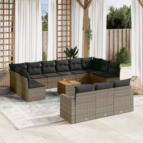 vidaXL 14-teilig Garten-Sofagarnitur mit Kissen Grau Poly Rattan, 3256697