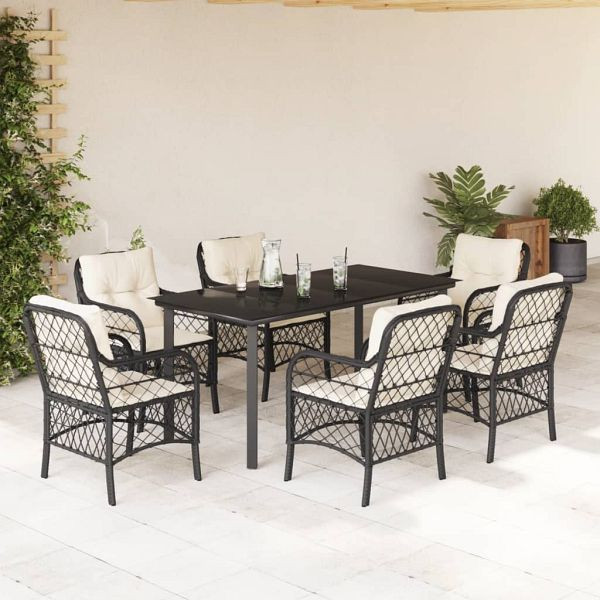 vidaXL 7-teilig Garten-Essgruppe mit Kissen Schwarz Poly Rattan, 3212093