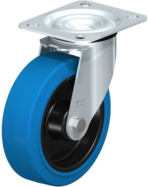 Blickle LE-POEV 125R-SB Stahlblech-Lenkrolle mit Anschraubplatte, Elastik-Vollgummi, Blau, 457390
