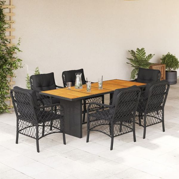 vidaXL 7-teilig Garten-Essgruppe mit Kissen Schwarz Poly Rattan, 3212072