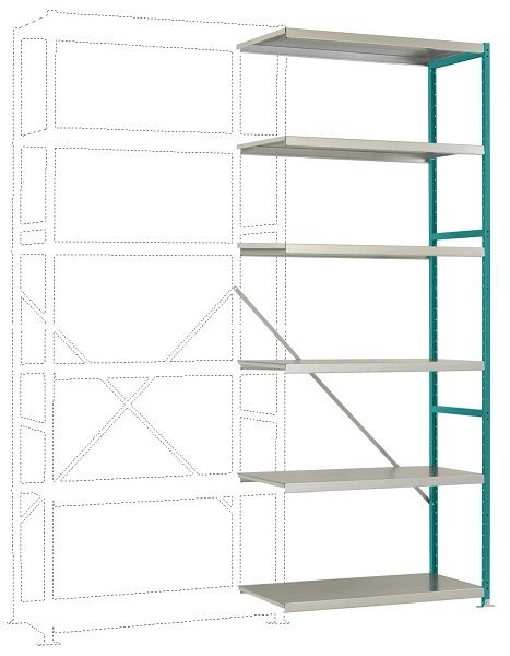 Manuflex Mittelschweres Fachboden-Steckregal Anbauregal mit 6 Stahlböden, HxBxT = 2500 x 1000 x 300 mm, wasserblau, RP1417.5021