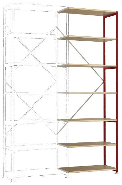 Manuflex Mittelschweres Fachboden-Steckregal Anbauregal mit 7 Holzverbundböden, HxBxT = 3000 x 1000 x 600 mm, rubinrot, RP1708.3003