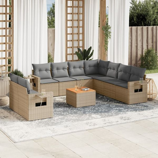 vidaXL 10-teilig Garten-Sofagarnitur mit Kissen Beige Poly Rattan, 3224631