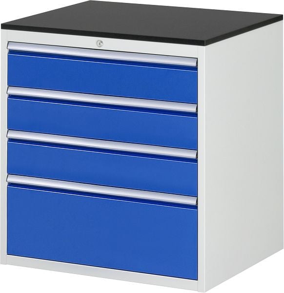 RAU Schubladenschrank Serie 7000, B770xT650xH820mm, Schubladen: 3xH150, 1xH270mm, Arbeitsplatte melaminharzbeschichtet, 03-XL5.3A-M.11