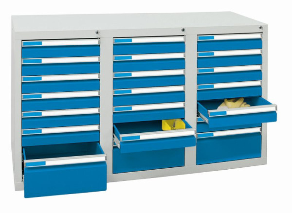 stumpf Schubladenschrank, Breite 150 cm, 100 % Teleskopauszüge, 75 kg / Schublade, Alu-Griffleisten, 21 Schubladen, lichtgrau / lichtblau, 7603278