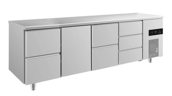 A&S Polarny Kühltisch -2 bis +8°C mit 1x Tür mittig-links, 2x zwei Schubladen und 1x drei Schubladen rechts, 2330 x 700 x 850 mm, KT4ZTZD