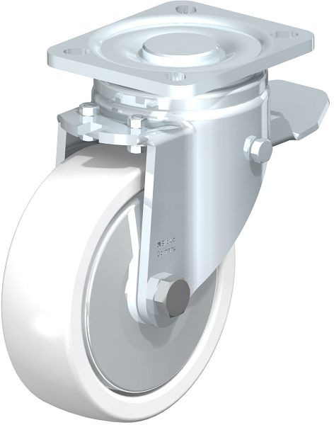 Blickle LH-SPO 125G-1-ST-FA Stahlblech-Lenkrolle, Schwerlast-Ausführung, mit Anschraubplatte & Feststeller, Polyamid, Weiß, 750155