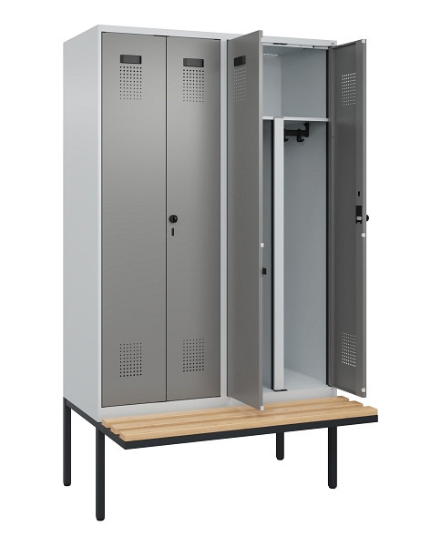 C+P PSA Doppel-Spind Evolo PLUS, Bank, 4 Abteile, 2120x1200x815mm, 7035/0004, Drehriegel, Sitzfläche Holz, 0490427-40P S10014