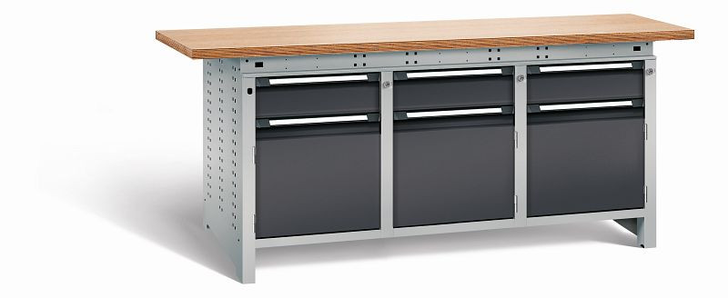 Otto Kind Werkbank Serie function Typ 309, Multiplexplatte 40 mm, überstehend, 2x Unterbau + mittleres Feld, Gehäuse RAL 9006, Front RAL 9005, 07236423N