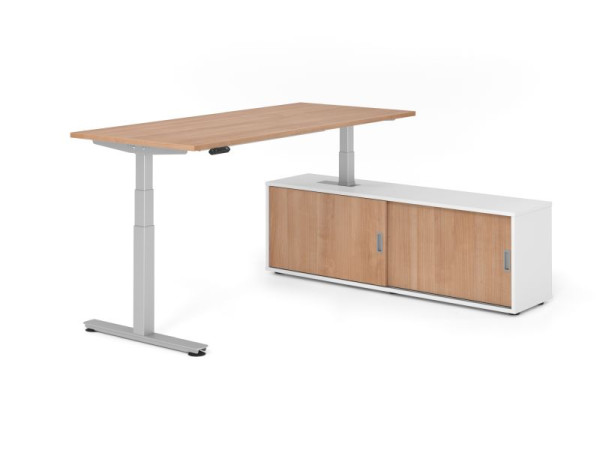 Hammerbacher Schreibtisch XDSM19, 180x80cm, Platte: Nussbaum, T-Fuß Gestell Silber, Höhe: 63 - 127 cm, Weiß / Nussbaum, VXDSM19SB/N/S/W/N