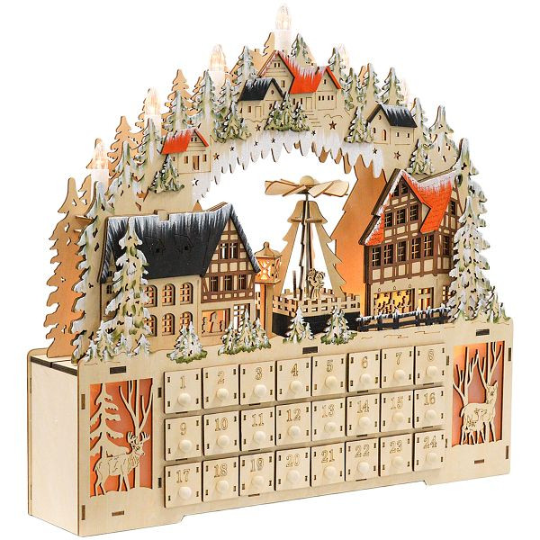 HOMCOM Adventskalender, Weihnachtsdorf, 18 LEDs, 24 Schubladen, wiederverwendbar, 45 x 9 x 42,5 cm, 830-883V80ND