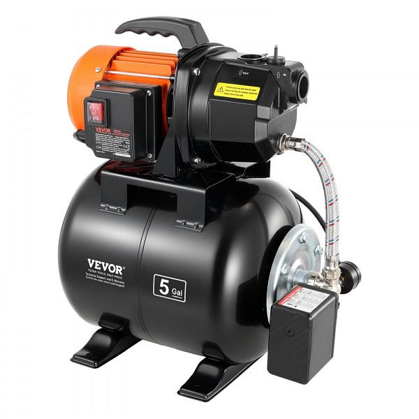 VEVOR Hauswasserwerk 735W, 3750 L/h Jetpumpe, 19 L Druckbehälter, 45 m Förderhöhe, Autom. Wasserfördersystem, Gusseisenkopf, GSJBGSWGLQFYXLL3C001V2
