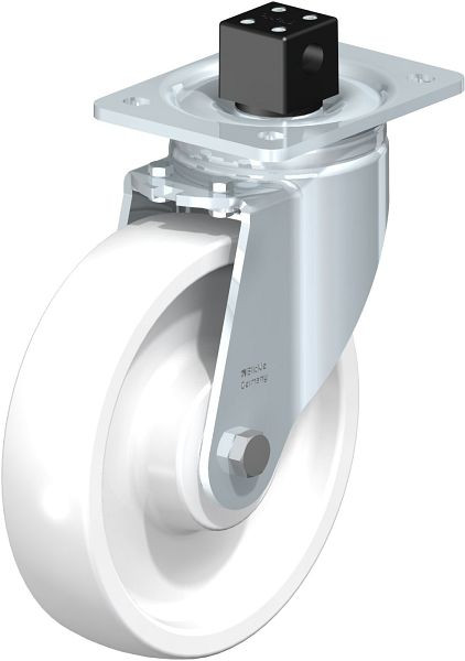 Blickle LH-SPO 201K-CS13 Stahlblech-Lenkrolle, Schwerlast-Ausführung, mit Anschraubplatte & Zentralfeststeller, Polyamid, Weiß, 752223