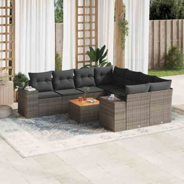 vidaXL 9-tlg. Garten-Sofagarnitur mit Kissen Grau Poly Rattan, UV-beständig, 3257705