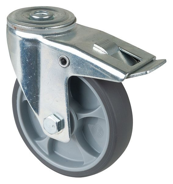 BS Rollen Transportrolle Lenkrolle mit Feststeller, thermoplastisches Gummirad grau, Kugellager, Rückenloch, Durchmesser: 125 mm, VE: 2 Stück, L121.A85.127