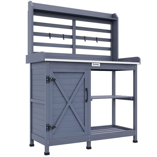 Outsunny Gartentisch mit Schrankfach, Aluminium-Arbeitsfläche, Stauraum, 112x47x146cm, Grau, 845-941V01GY