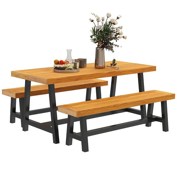 Outsunny Sitzgruppe 3-teilig Holz Essgruppe für 4 Personen Esstisch mit 2 Bänke Teak, 84G-828V00TK