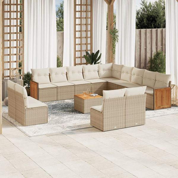 vidaXL 14-teilig Garten-Sofagarnitur mit Kissen Beige Poly Rattan, 3260574