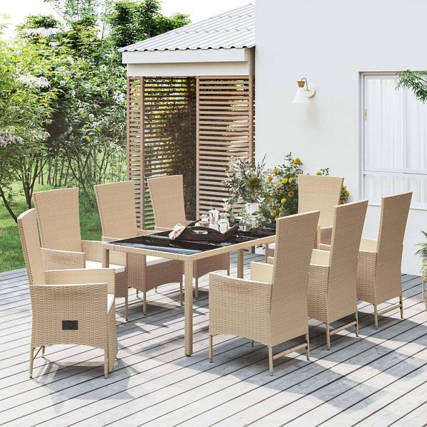 vidaXL 9-teilig Garten-Essgruppe mit Kissen Beige Poly Rattan, 3157575