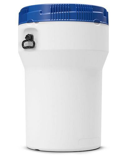 DENIOS Weithalsfass aus PE, 150 Liter, mit Deckel, weiß/blau, nestbar, UN-Zulassung, 265667