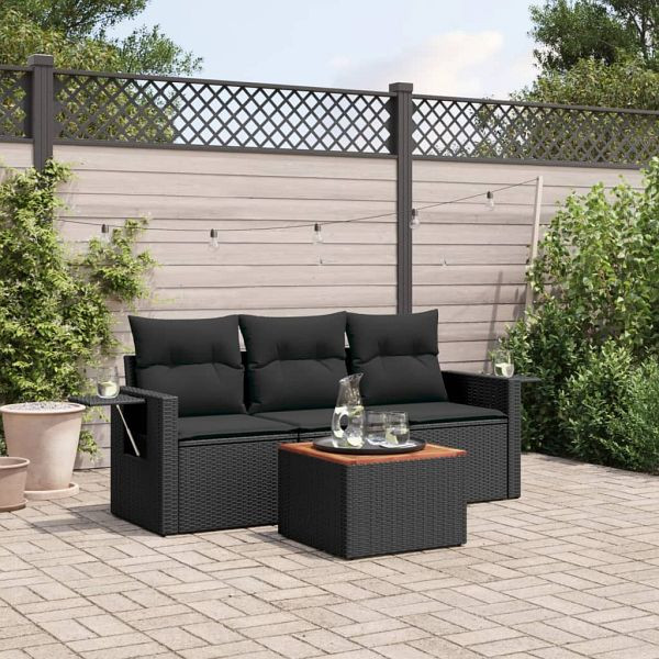 vidaXL 4-tlg. Garten-Sofagarnitur mit Kissen Schwarz Poly Rattan, 3224431