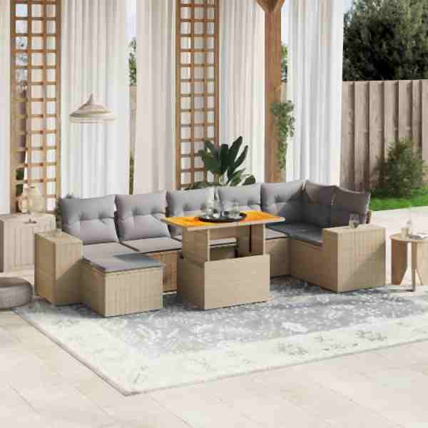 vidaXL 8-tlg. Garten-Sofagarnitur mit Kissen Beige Poly Rattan, UV-beständig, 3272746