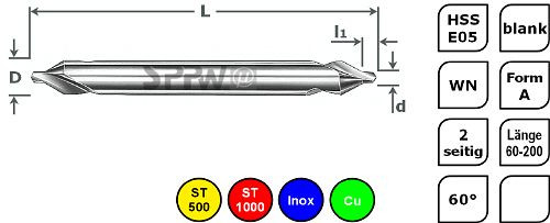 SPPW Zentrierbohrer HSS-E05 WN Form A 80 lang - 2,00x6,00, 1235200200