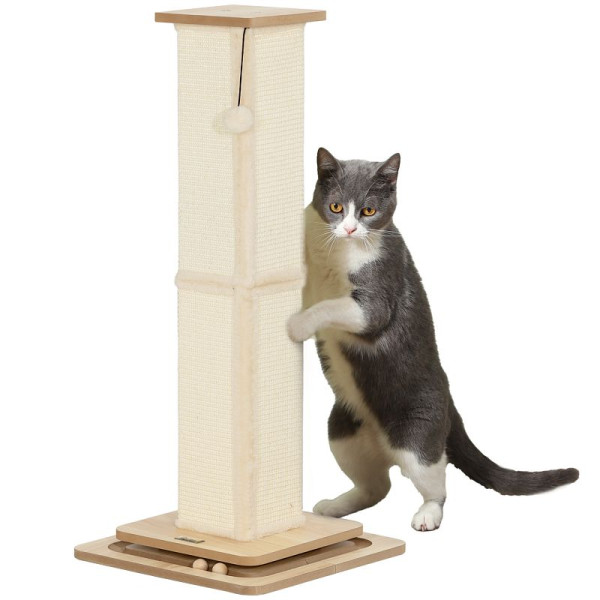 PawHut 3-in-1-Kratzbaum mit Schiene, Ball, Sisal, bis 10 kg, 39,5 x 39,5 x 87 cm, Eiche/Creme, D30-833V01AK