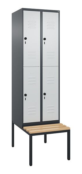 C+P Doppelstöckiger Spind Classic PLUS, 2 Abteile, 2120x600x815mm, 7016/7035, Drehriegel, Buche-Sitzleisten, mit untergebauter Sitzbank, 0803507-20 S10013