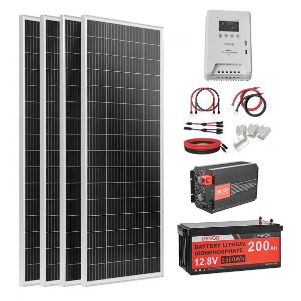VEVOR 400W Insel-Solaranlage, 4x100W Mono, 12,8V 200Ah LiFePO4, 40A MPPT, 12V 2000W Wechselrichter, 12VLWTYNTJ12AKVBU001V2